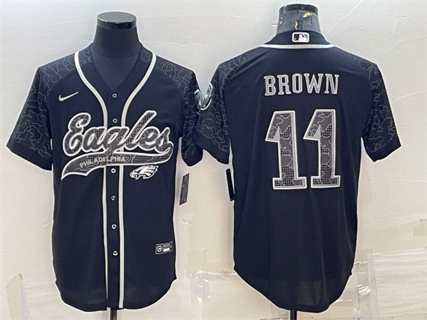 Men's Philadelphia Eagles #11 A. J. Brown Black Reflective With Patch Cool Base Stitched Baseball Jersey